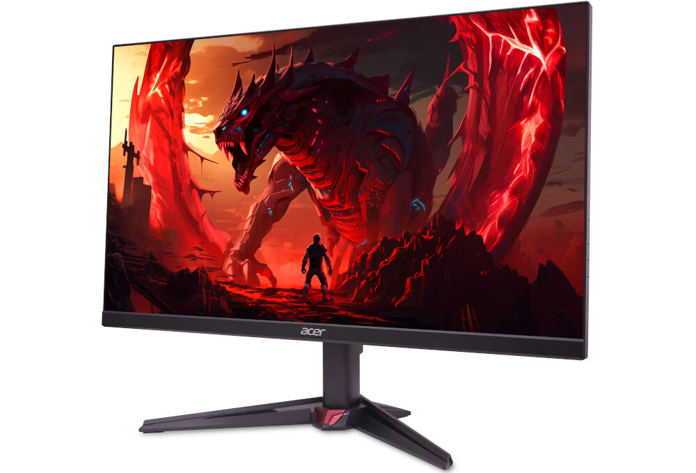 Monitor ACER Nitro VG270K V4 27 cali 3840x2160px IPS 160Hz 0.5 ms [GTG]  prezentacja monitora od przodu pod kątem na białym tle DCI-P5 90% realistyczne intensywne kolory immersja przyjemny dla oka obraz