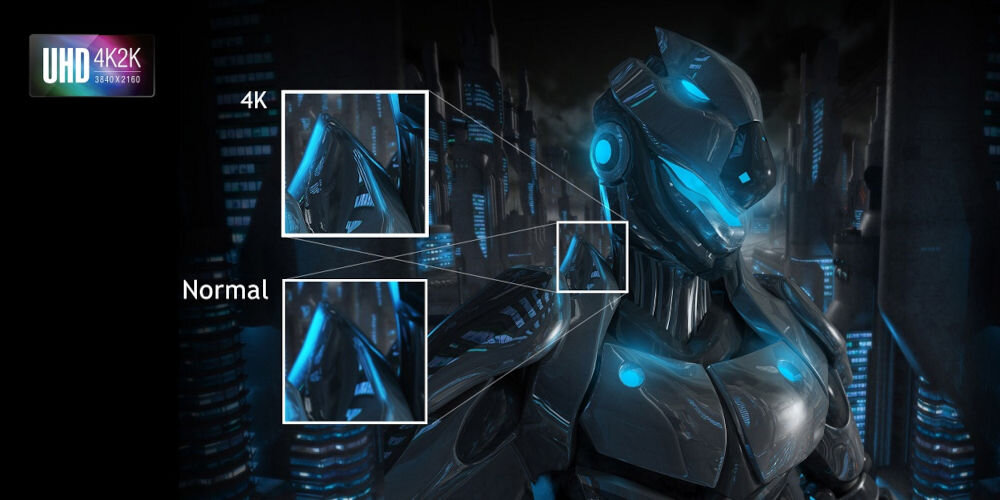 Monitor ACER Nitro VG270K V4 27 cali 3840x2160px IPS 160Hz 0.5 ms [GTG]  porównanie rozdzielczości 4K do Full HD na robocie i modernistycznym ciemnym tle szybka reakcja wyraźny i płynny obraz