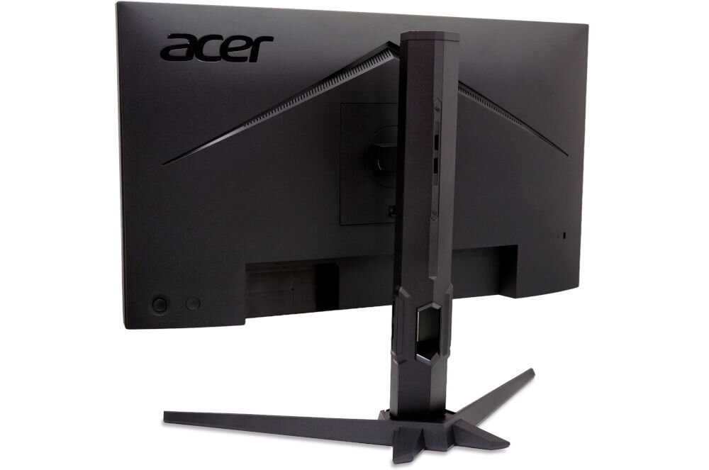 Monitor ACER Nitro XV270 P6 27 cali 1920x1080px IPS 144Hz 1 ms [VRB] prezentacja monitora od tyłu pod kątem na białym tle DisplayPort 1.2 HDMI 1.4 gniazdo zasilania wyjście audio płynne przełączanie