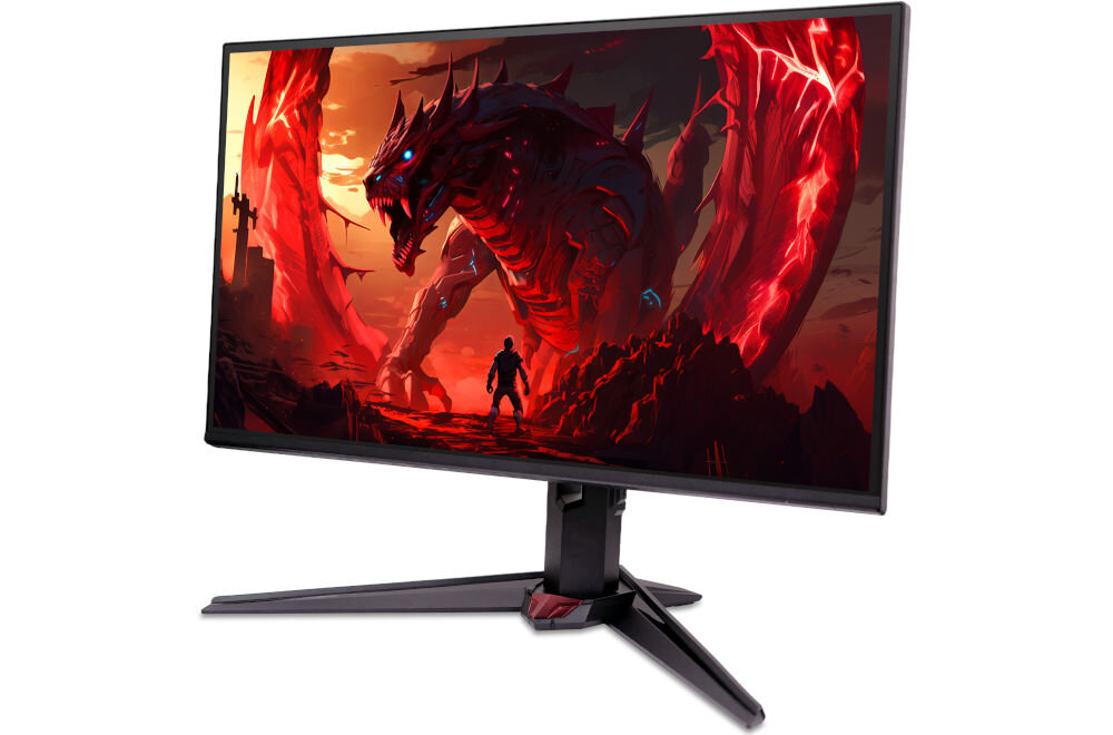 Monitor ACER Nitro XV270 P6 27 cali 1920x1080px IPS 144Hz 1 ms [VRB] prezentacja monitora od przodu pod kątem na białym tle sRGB 99% realistyczne intensywne kolory immersja przyjemny dla oka obraz