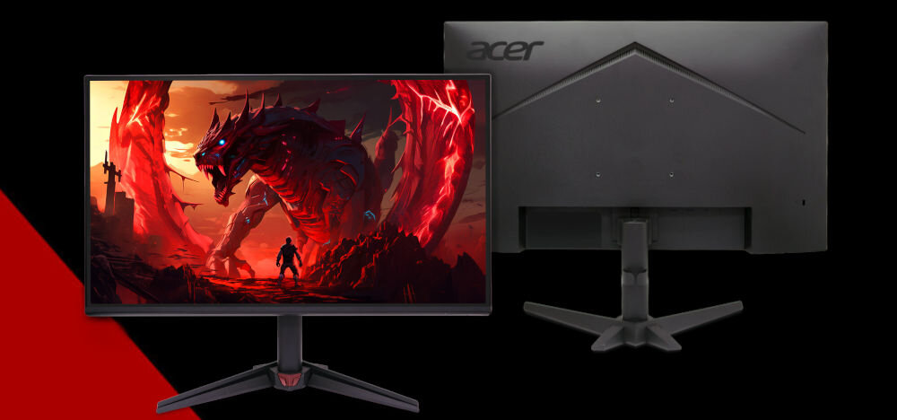 Monitor ACER Nitro VG270 P6 27 cali 1920x1080px IPS 144Hz 1 ms [VRB] prezentacja monitora od przodu i tyłu na czarnym tle czerwony pasek po lewej stronie na dole