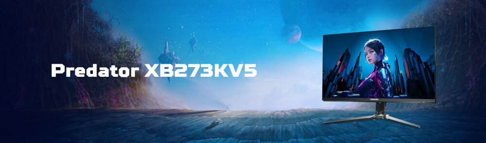 Monitor ACER Predator XB273K V5 27 cali 3840x2160px IPS 160Hz 0.5 ms [GTG]  prezentacja monitora na ekranie kobieta z budynkami monitor na tle skał nieba i latających wysp napis z modelem