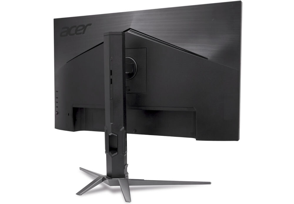 Monitor ACER Predator XB273K V5 27 cali 3840x2160px IPS 160Hz 0.5 ms [GTG]  prezentacja monitora od tyłu pod kątem na białym tle różne urządzenia wygoda elastyczność