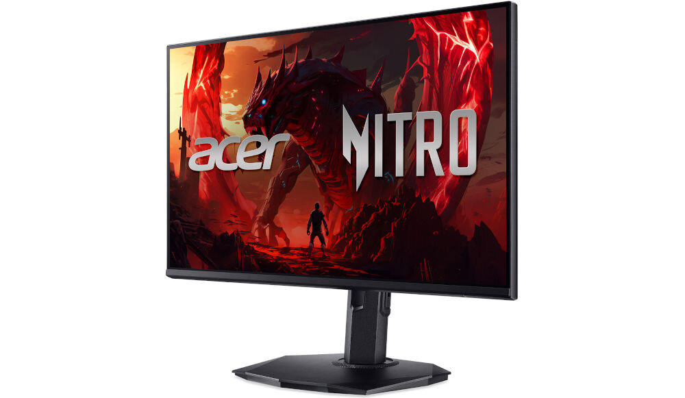 Monitor ACER Nitro XF273P6BIPR 27 cali 1920x1080px IPS 144Hz 1 ms [VRB] prezentacja monitora od przodu pod kątem na białym tle sRGB 99% realistyczne intensywne kolory immersja przyjemny dla oka obraz