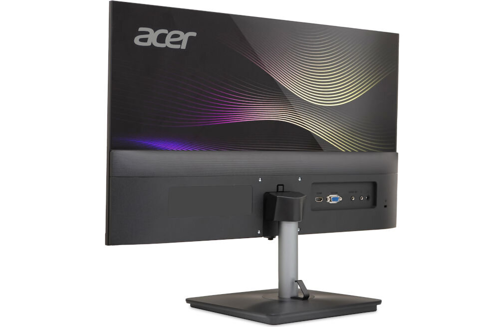 Monitor ACER Vero RS242YG0BPAMIX 23.8 cala 1920x1080px IPS 120Hz 1 ms [VRB] prezentacja monitora od tyłu pod kątem na białym tle dwa głośniki 2W bez potrzeby podłączania dodatkowego sprzętu audio