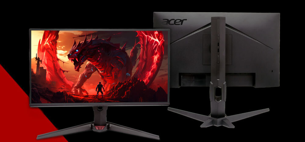 Monitor ACER Nitro XV240YP6BIPR 23.8 cala 1920x1080px IPS 144Hz 1 ms [VRB] prezentacja monitora od przodu i tyłu na czarnym tle czerwony pasek po lewej stronie na dole