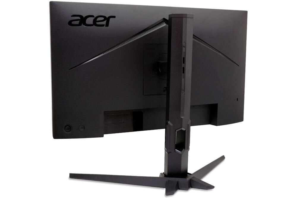 Monitor ACER Nitro XV240YP6BIPR 23.8 cala 1920x1080px IPS 144Hz 1 ms [VRB] prezentacja monitora od tyłu pod kątem na białym tle DisplayPort 1.2 HDMI 1.4 gniazdo zasilania wyjście audio płynne przełączanie