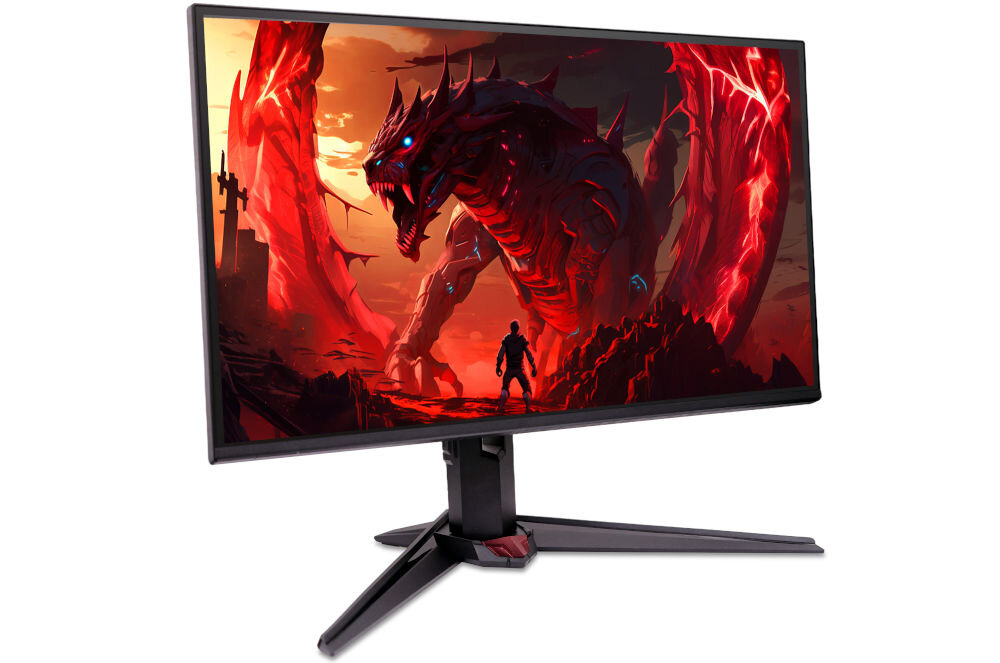 Monitor ACER Nitro XV240YP6BIPR 23.8 cala 1920x1080px IPS 144Hz 1 ms [VRB] prezentacja monitora od przodu na białym tle pod kątem wymiary komfort stabilność