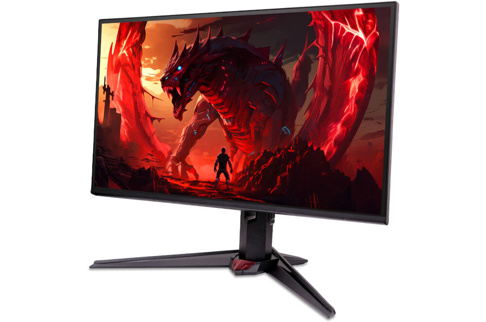 Monitor ACER Nitro XV240YP6BIPR 23.8 cala 1920x1080px IPS 144Hz 1 ms [VRB] prezentacja monitora od przodu pod kątem na białym tle sRGB 99% realistyczne intensywne kolory immersja przyjemny dla oka obraz