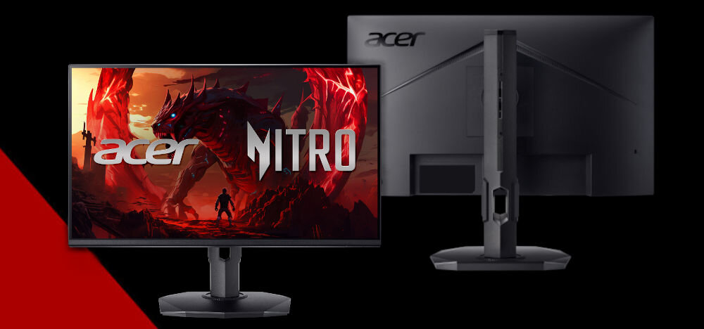 Monitor ACER Nitro XF243YP6BIPR 24 cale 1920x1080px IPS 144Hz 1 ms [VRB] prezentacja monitora od przodu i tyłu na czarnym tle czerwony pasek po lewej stronie na dole