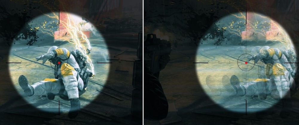 Monitor ACER Nitro KG272KL1BMIIPX 27 cali 3840x2160px IPS 144Hz 1 ms [GTG] prezentacja płynności wyświetlania porównanie celownik w grze strzelance do 144 Hz płynny i czytelny obraz podczas gwałtownych ruchów kamerą kluczowa przewaga