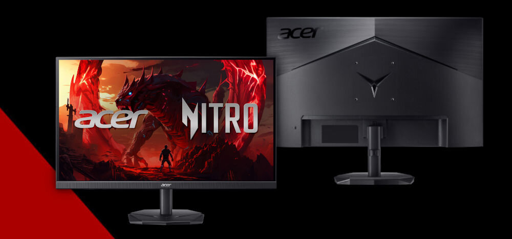 Monitor ACER Nitro KG272KL1BMIIPX 27 cali 3840x2160px IPS 144Hz 1 ms [GTG] prezentacja monitora od przodu i tyłu na czarnym tle czerwony pasek po lewej stronie na dole