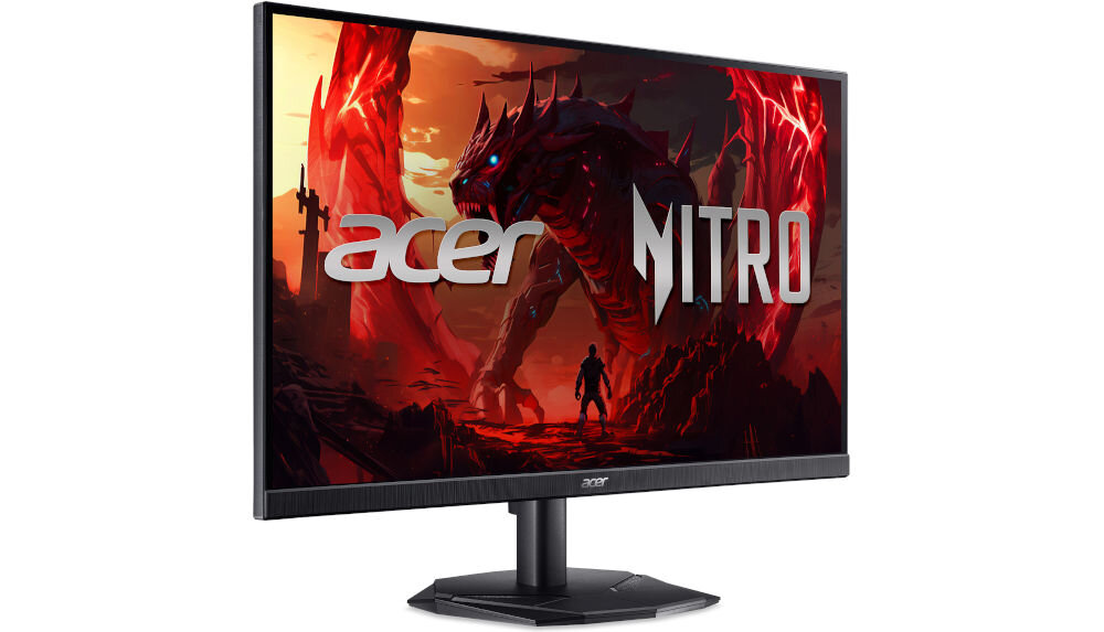 Monitor ACER Nitro KG272KL1BMIIPX 27 cali 3840x2160px IPS 144Hz 1 ms [GTG] prezentacja monitora na białym tle od przodu pod kątem elegancki wymiary design stabilność podstawa stabilność