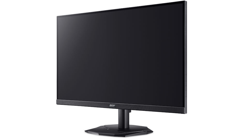Monitor ACER Nitro KG272KL1BMIIPX 27 cali 3840x2160px IPS 144Hz 1 ms [GTG] prezentacja monitora od przodu pod kątem na białym tle regulowana podstawa zakres regulacji dostosowanie pozycji ograniczenie napięcia