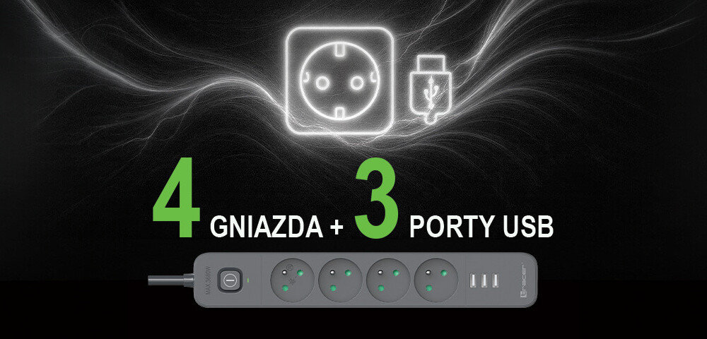 Obraz przedstawia listwę zasilającą z czterema gniazdami i trzema portami USB. Na środku widnieje napis \'4 GNIAZDA + 3 PORTY USB\'.