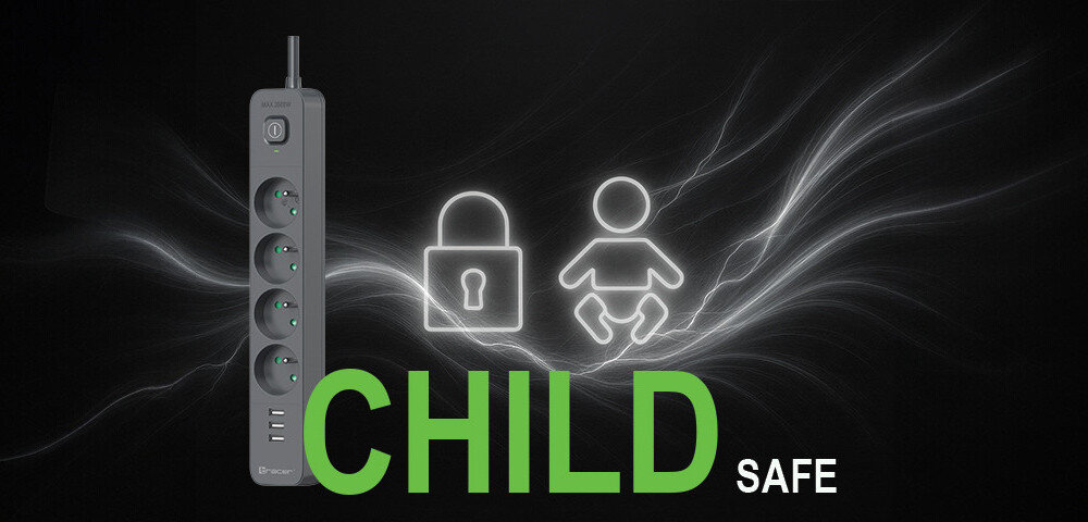 Obraz przedstawia czarną listwę zasilającą z pięcioma gniazdami i przyciskiem zasilania. Obok listwy znajdują się ikony kłódki i dziecka oraz napis \'CHILD SAFE\'.