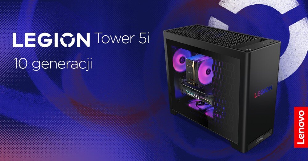 Komputer LENOVO Legion T5 30IAS10 Widok komputera stacjonarnego z podświetleniem RGB obok napisu 'Legion Tower 7i 10 generacji' na niebieskim tle z logiem producenta, opis