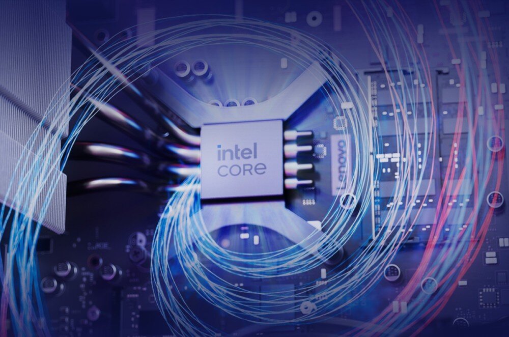 Komputer LENOVO Legion T5 30IAS10 Procesor z napisem 'Intel Core Ultra' otoczony niebiesko-fioletową grafiką symbolizującą energię, procesor, moc obliczeniowa