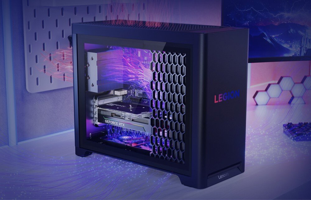Komputer LENOVO Legion T5 30IAS10 Komputer stacjonarny z zaznaczonym przepływem powietrza przez wentylatory i przedni panel, chłodzenie, wentylacja, radiatory