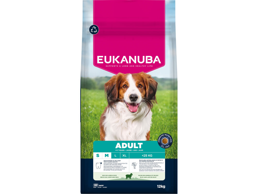 Opakowanie karmy dla psa EUKANUBA Adult Small and Medium Breed Jagnięcina 12 kg z wizerunkiem psa na tle trawy. Widoczny tekst: \'EUKANUBA\', \'ADULT\', \'S M L XL <25 KG\'.