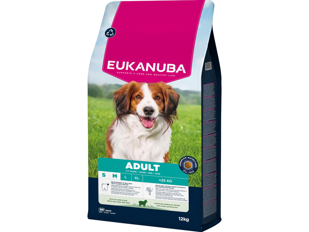 Opakowanie karmy dla psa marki EUKANUBA z wizerunkiem psa na tle zielonej trawy. Na opakowaniu widnieje napis \'ADULT\' oraz informacje o wadze 12 kg.