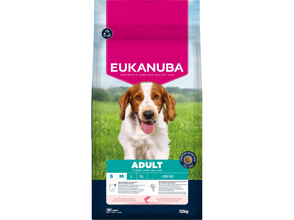 Karma dla psa EUKANUBA Adult Small and Medium Breed Łosoś 12 kg Sucha karma EUKANUBA Adult Small and Medium Breed z łososiem i jęczmieniem dorosłych psach małych i średnich ras w wieku od 1 do 7 lat Pełnoporcjowa, zbilansowana receptura Opakowanie 12 kg Wartość energetyczna 3700 kcal/kg