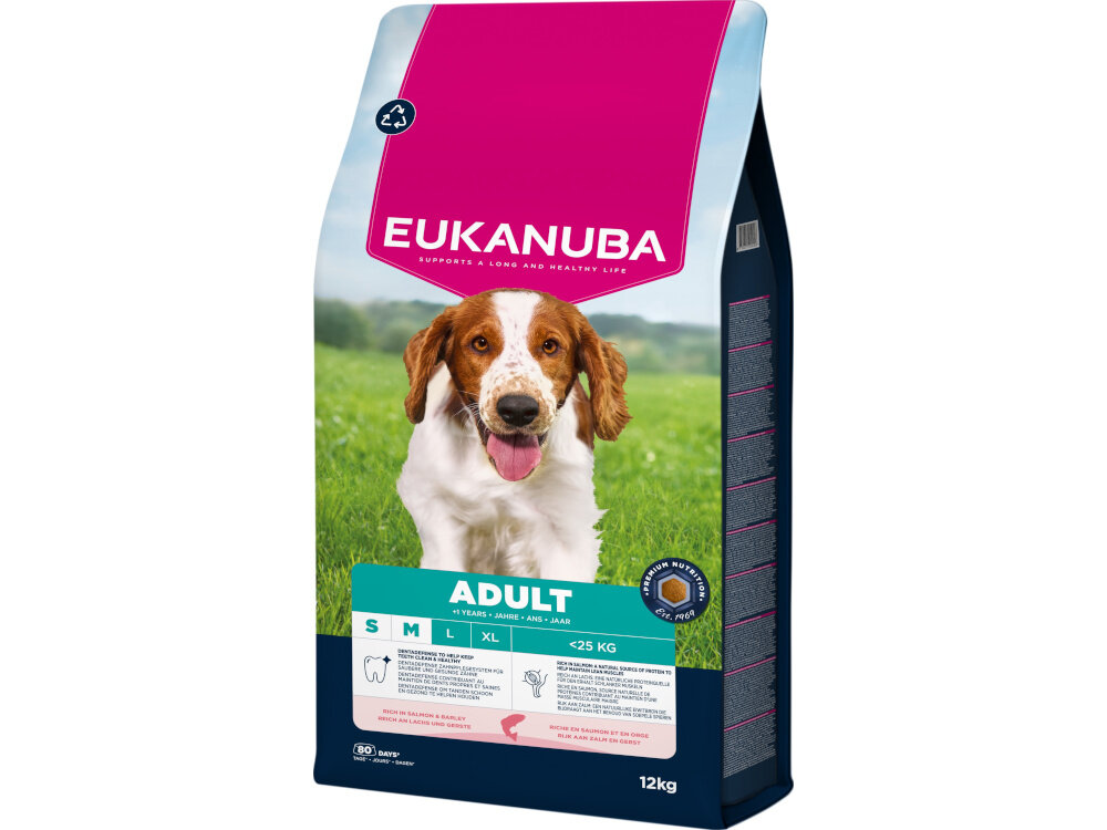 Karma dla psa EUKANUBA Adult Small and Medium Breed Łosoś 12 kg Skład suszony kurczak i indyk łosoś (14%) jęczmień )14%) suszone wysłodki buraczane minerały fruktooligosacharydy 0.25%, naturalny prebiotyk