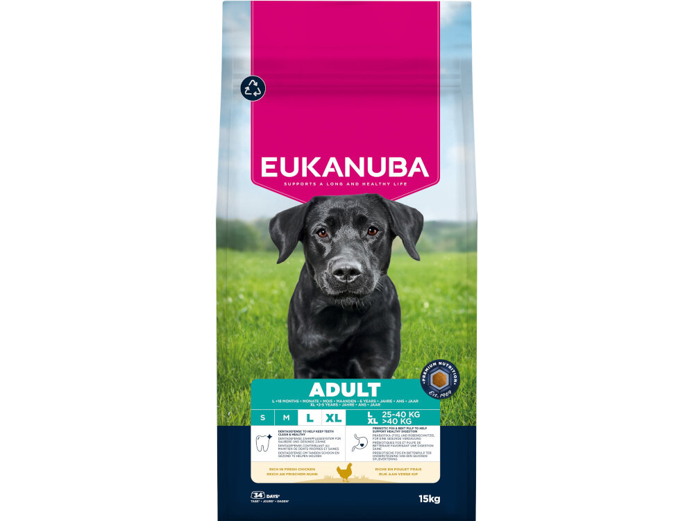 Opakowanie karmy dla psa marki EUKANUBA z wizerunkiem czarnego psa na tle zielonej trawy. Widoczny tekst: \'ADULT\', \'15 kg\'.