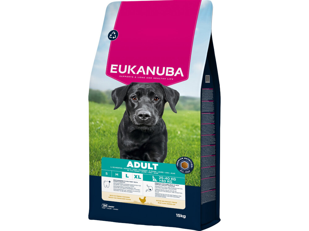 Opakowanie karmy dla psa marki EUKANUBA z wizerunkiem czarnego psa na tle zielonej trawy. Na opakowaniu widnieje napis \'ADULT\' oraz informacje o wadze 15 kg.