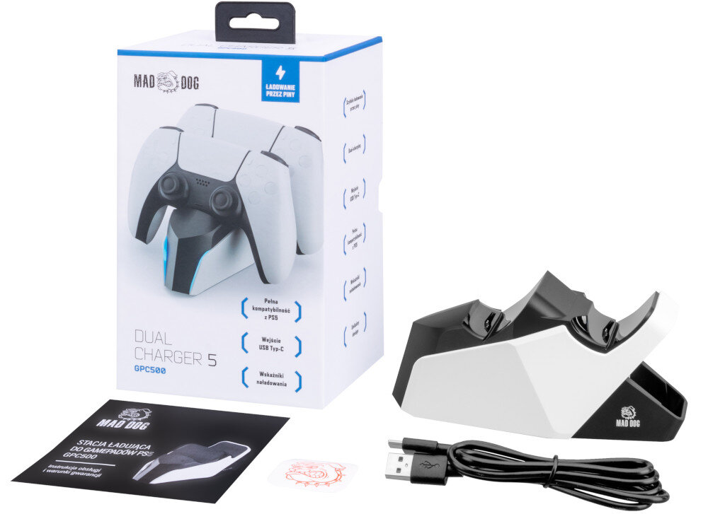 Stacja ładująca MAD DOG GPC500 (PS5) zestw zawartosc opakowania