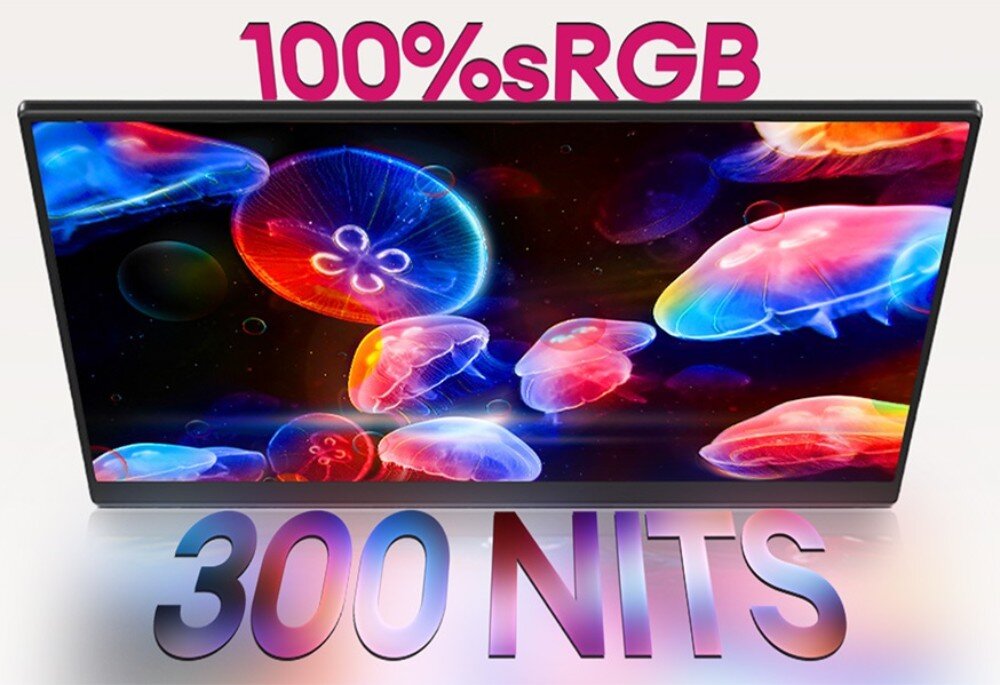 Monitor ZEUSLAP Z18S Monitor na białym tle wyświetlający kolorowe meduzy, nad nim napis '100% sRGB', pod nim napis '300 NITS', kolory, odwzorowanie barw, jasność, kontrast