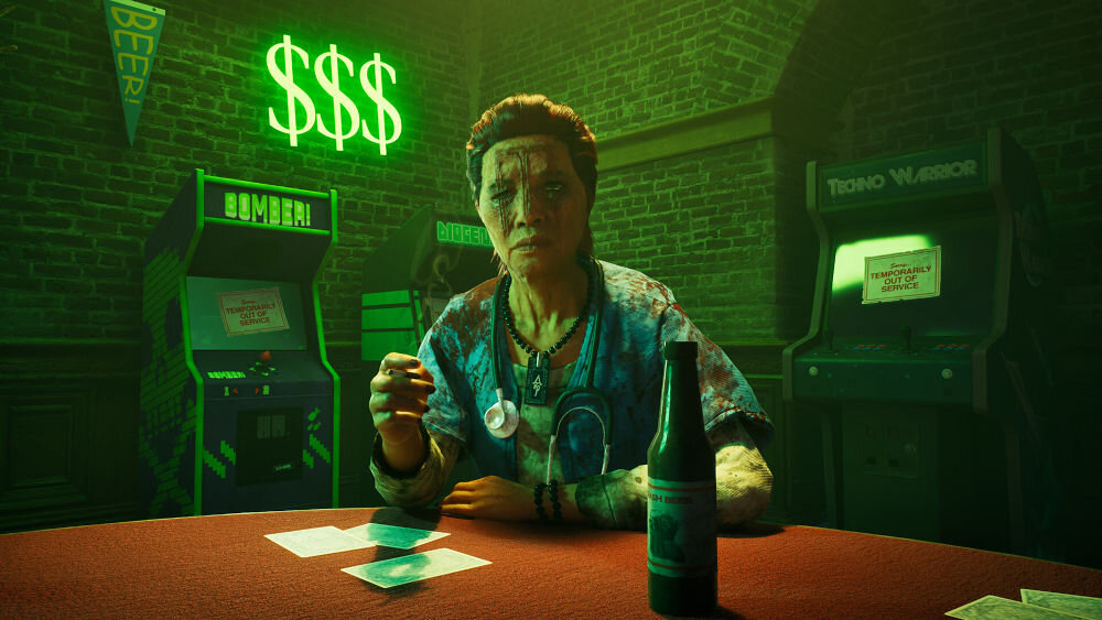 Vampire: The Masquerade – Bloodlines 2 Day One Edition Gra PS5
						prezentacja urywku z gry postać siedząca przy stole w barze w tle automaty pełna gra bonus Nostalgiczna szafa grająca