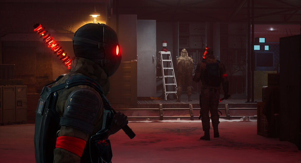 Vampire: The Masquerade – Bloodlines 2 Premium Edition Gra Xbox Series X
						prezentacja urywku z gry postać idąca z podświetloną pałką w magazynie w tle inne postacie budź strach wśród członków Dworu interakcja wzmacnia Twoją pozycję