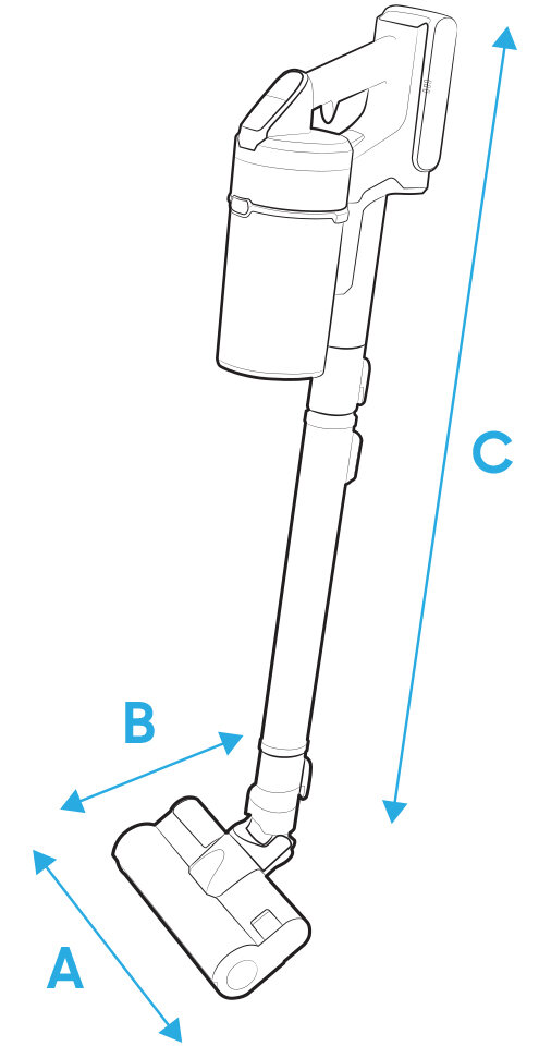 rysunek techniczny przedstawiający wysokość, szerokość i głębokość odkurzacza bezprzewodowego rysunek techniczny przedstawiający wysokość, szerokość i głębokość odkurzacza bezprzewodowego