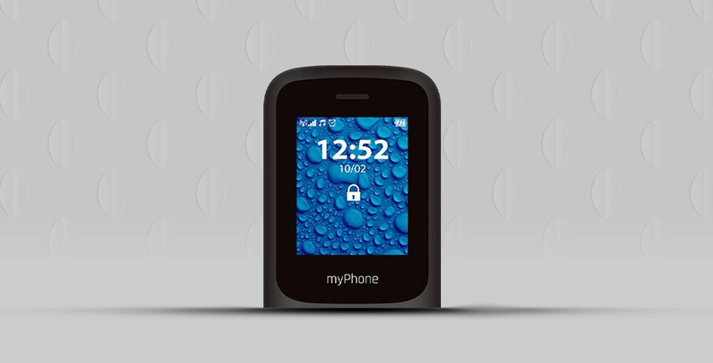Telefon z wyświetlaczem pokazującym godzinę 12:52 i datę 10/02, z ikoną kłódki. Na dole widoczny napis \'myPhone\'.