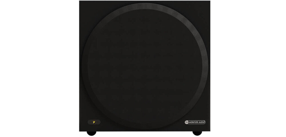 Subwoofer MONITOR AUDIO Vestra W10 złącza LFE RCA 3.5 mm zamknięta obudowa kompaktowe wymiary, subwoofer od frontu na białym tle