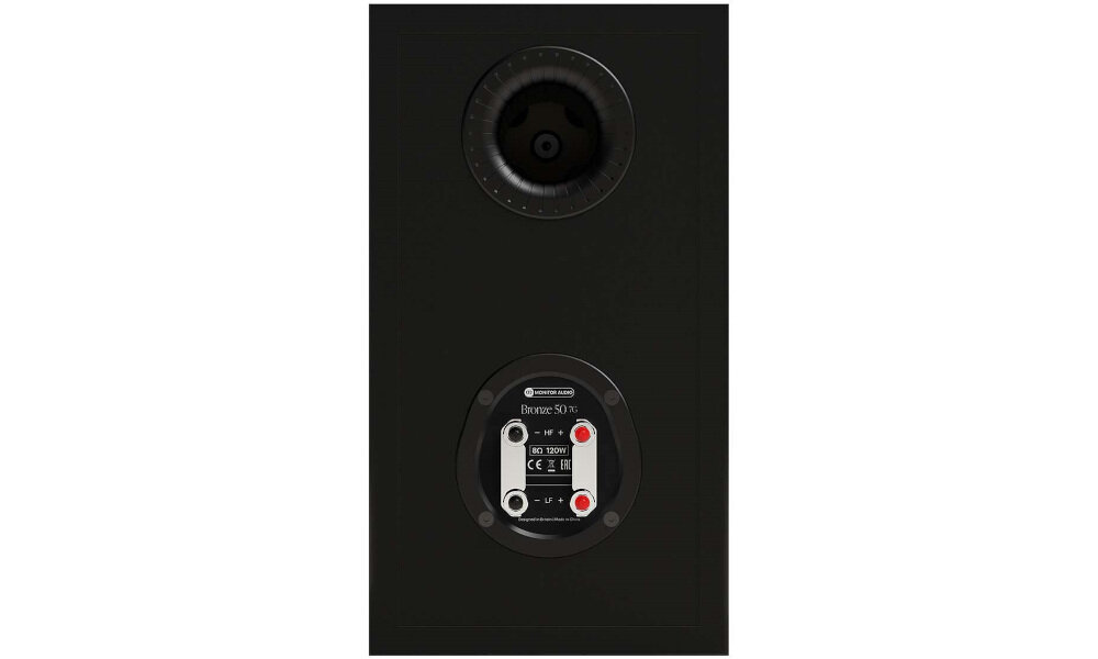 Podstawkowe kolumny głośnikowe MONITOR AUDIO 50 7G skuteczność 86 dB impedancja 8 Ω wyraźny dźwięk, kolumna od tyłu na białym tle