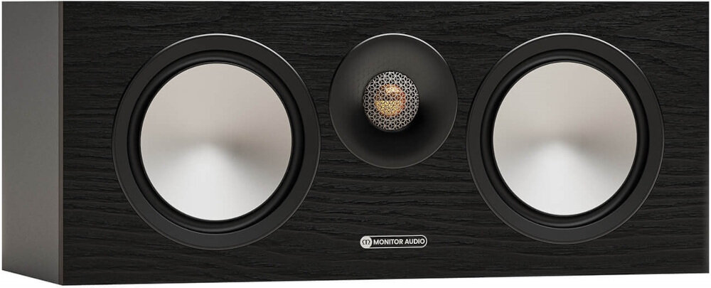 Głośnik centralny MONITOR AUDIO Bronze Centre 7G przetworniki basowe kontrolowany bas, kolumna po skosie na białym tle