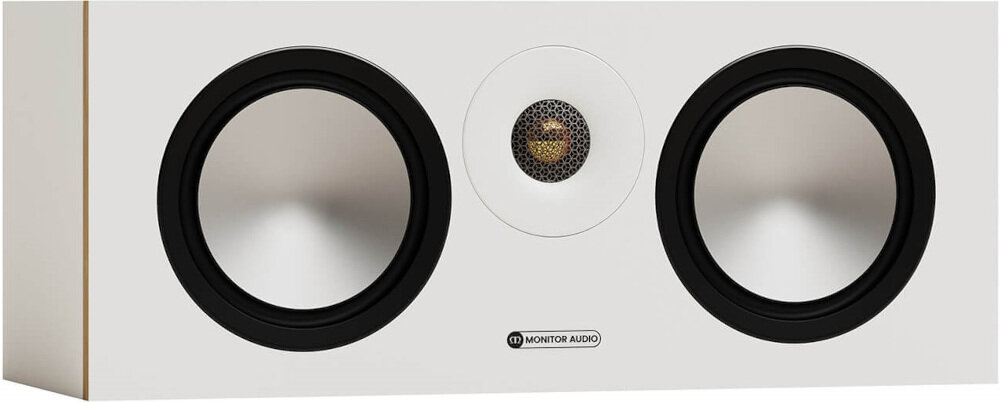 Głośnik centralny MONITOR AUDIO Bronze Centre 7G dynamiczny kontrolowany bas cewka 28.5 mm, kolumna po skosie na białym tle