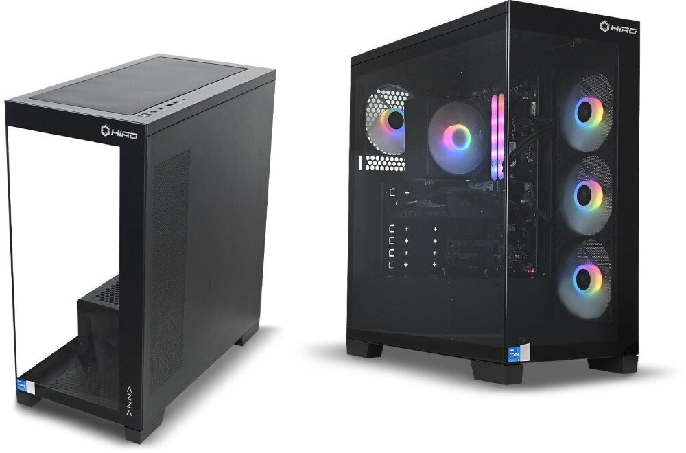 Komputer NTT HIRO Aurora ZKG-I7RTX5060T-TA01 Widok dwóch komputerów stacjonarnych marki Hiro. Jeden pokazany od przodu i z lewej strony z wygaszonym wnętrzem, drugi od boku z podświetlonymi wentylatorami RGB i widocznymi podzespołami przez szklany panel, opis