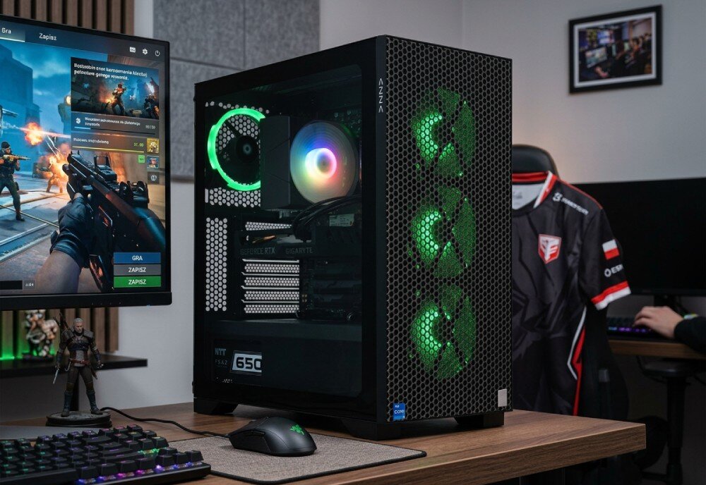 Komputer NTT HIRO Gamer ZKG-I5RTX5060-TG01 Komputer stacjonarny stoi na drewnianym biurku obok podświetlanej klawiatury, myszki oraz monitora z wyświetlaną grą