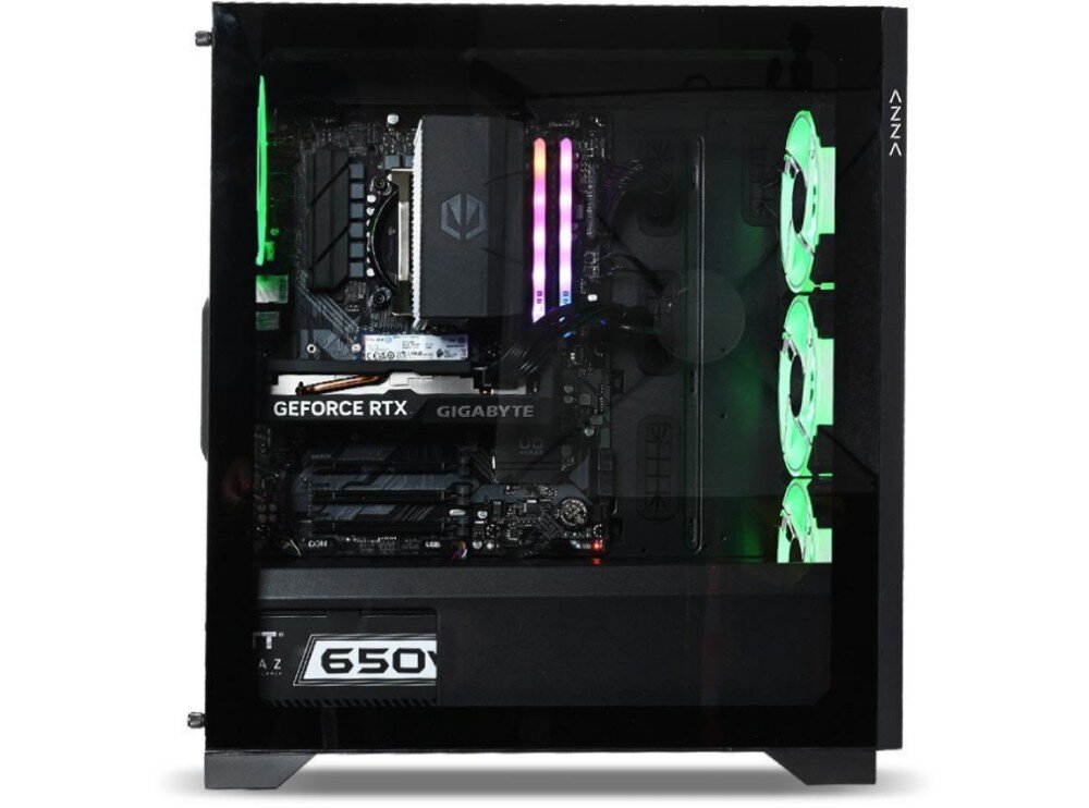 Komputer NTT HIRO Gamer ZKG-I5RTX5060-TG01 Wnętrze komputera widoczne przez szklany panel boczny z zamontowaną płytą główną, kartą graficzną i podświetlanymi elementami