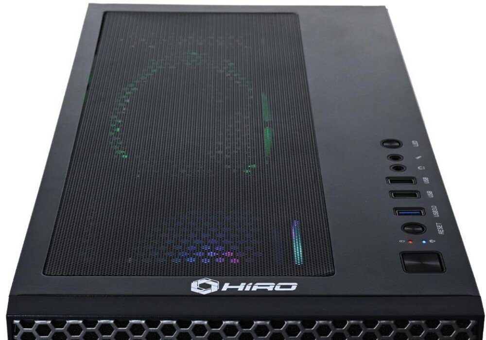 Komputer NTT HIRO Gamer ZKG-I5RTX5060-TG01 Górny panel obudowy komputera ze siatką filtracyjną, logo oraz umieszczonymi obok portami USB, złączami audio i przyciskami