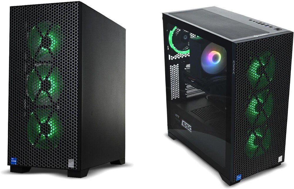 Komputer NTT HIRO Gamer ZKG-I5RTX5060-TG01 Dwie obudowy komputerowe pokazane z perspektywy: jedna zamknieta z boku oraz druga przeszklona z widocznym wnętrzem
