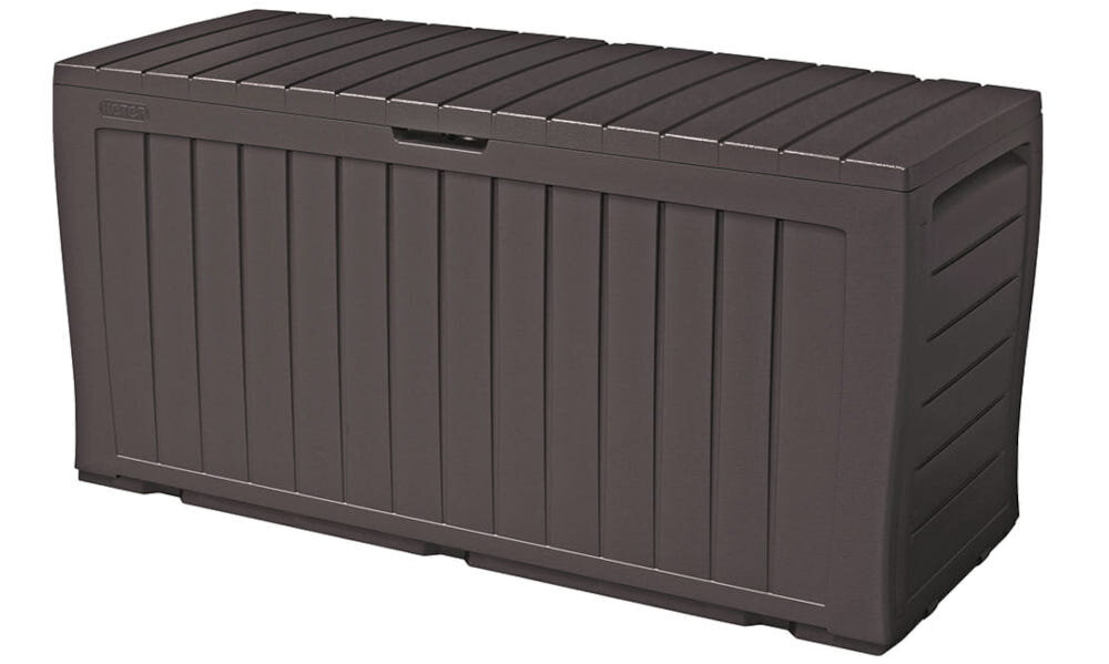 Skrzynia ogrodowa KETER Marvel Plus 270 L Antracytowy z wysokiej jakości materiału EVOTECH imituje naturalny splot rattanowy nie wymaga konserwacji system JUST CLICK AND GO montaż na zatrzaski