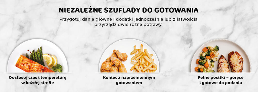 Air Fryer Frytkownica beztłuszczowa NINJA AF200EU z podwójnym koszem jasne marmurowe tło ryba z warzywami na talerzu frytki z mięsem na talerzu mięso z warzywami na talerzu jednoczesnego przygotowania dwóch różnych dań dwa oddzielne kosze praca w odmiennych trybach w jednym kurczak w programie pieczenia w drugim paluszki rybne w trybie Max Crisp