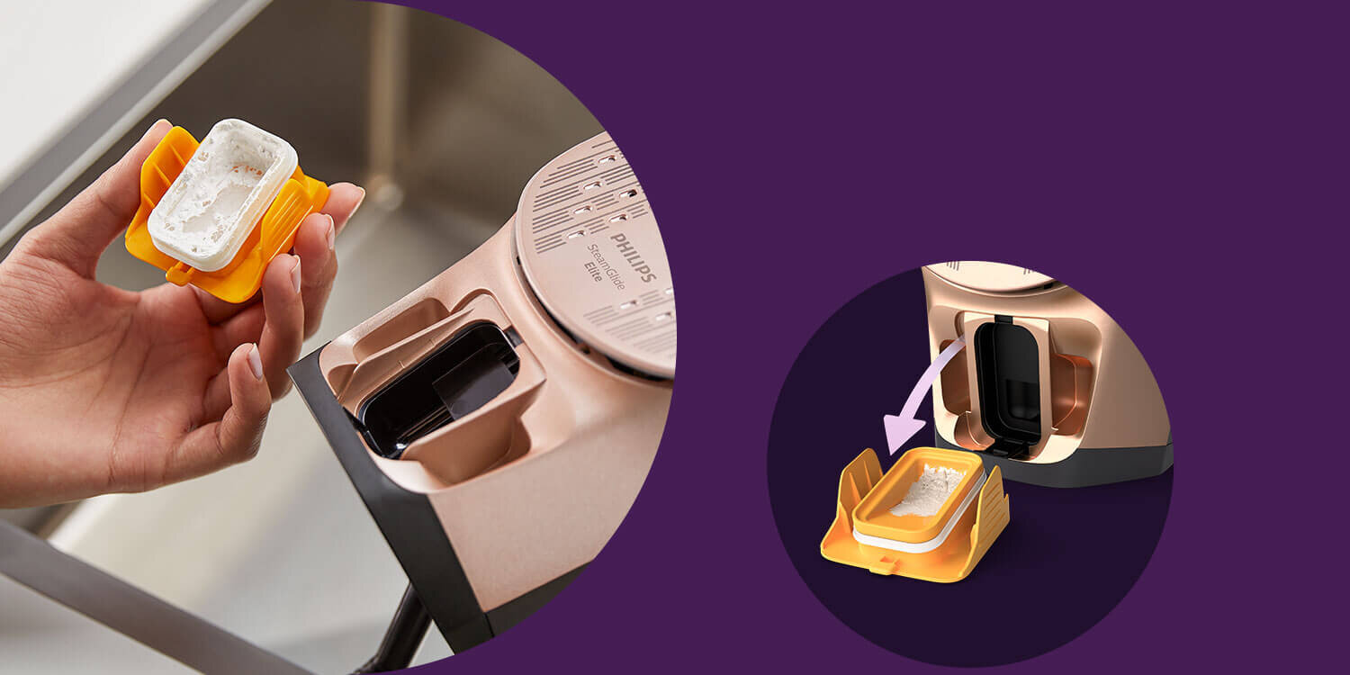 Osoba trzyma żółty pojemnik z białą substancją, obok widoczny jest fragment żelazka z otwartym miejscem na pojemnik. Na żelazku widoczny jest napis \'PHILIPS\'.