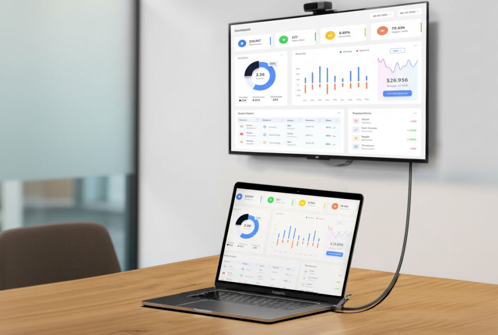 Kabel USB-C - HDMI 4SMARTS ComboCord USB4 HDMI 240W 1.5m Czarny HDMI 4K 60Hz wbudowany port HDMI, eliminacja przejściówek, mobilna praca