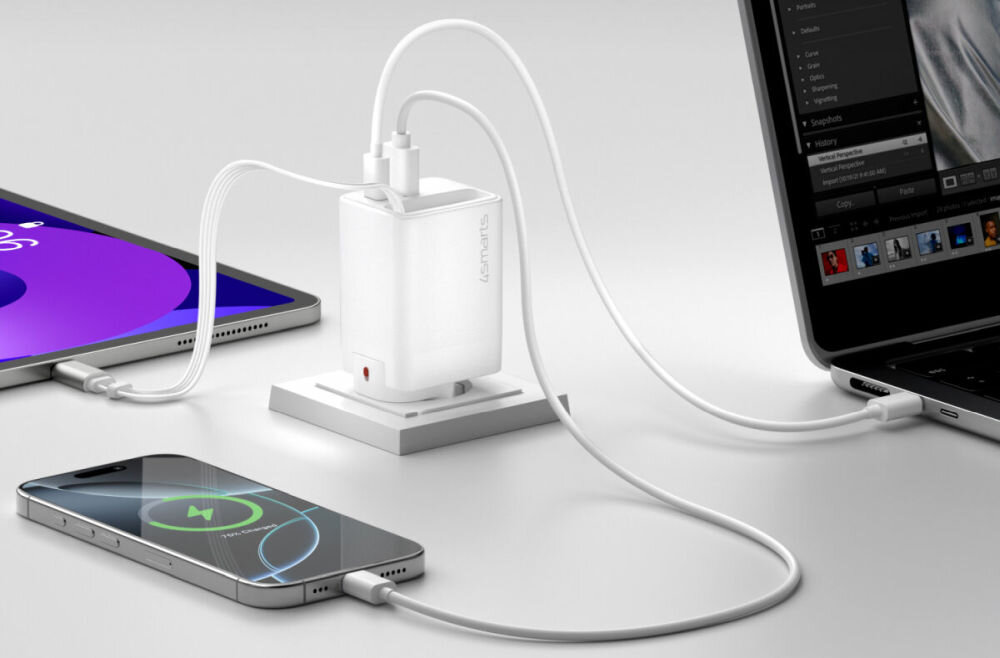 Ładowarka sieciowa 4SMARTS Flex Jojo 65W GaN Biały - 3 urządzenia podłączone do ładowarki