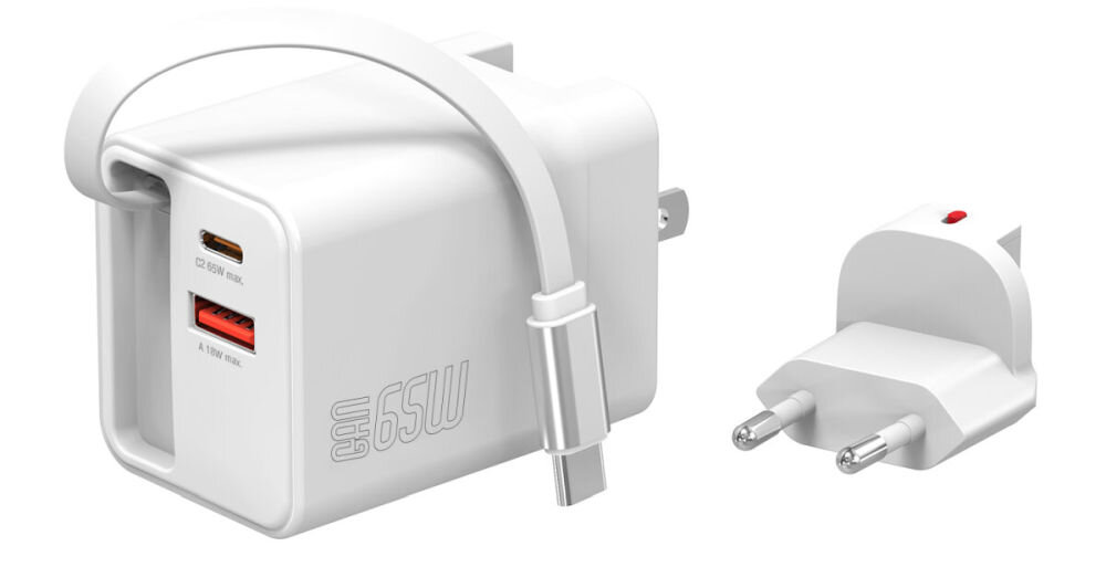 Ładowarka sieciowa 4SMARTS Flex Jojo 65W GaN Biały ochrona przed przepięciem, przeładowaniem, zwarciem, przegrzaniem i nadmiernym prądem MacBook, iPhone, Samsung Galaxy, tablety słuchawki TWS - ładowarka z wtyczką europejską na białym tle 